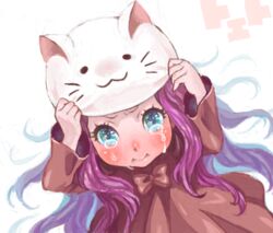  :3 acha animal_ears animal_hat aqua_eyes arms_up bad_drawr_id bad_id blush bow cat_hat dress female from_above hat holding long_hair megurine_luka megurine_luka_(toeto) oekaki pout puffy_cheeks purple_hair simple_background solo tears toeto_(vocaloid) vocaloid 