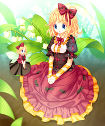  33paradox adapted_costume arm_ribbon bad_id bad_pixiv_id blonde_hair blue_eyes bow bowtie dress female floral_background flower hairbow highres insect_wings lily_of_the_valley medicine_melancholy open_mouth photoshop_(medium) red_bow red_bowtie ribbon ringpearl short_hair solo su-san touhou white_flower wings 