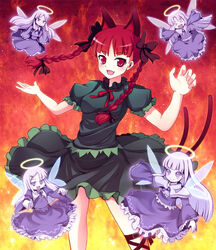  &gt;_&lt; 5girls :d animal_ears braid cat_ears cat_tail closed_eyes commentary_request fairy_wings greave_(asterism) kaenbyou_rin looking_at_viewer multiple_girls multiple_tails open_mouth red_eyes red_hair short_hair smile tail touhou twin_braids twintails wings xd zombie_fairy_(touhou) 