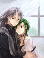  1boy arthur_(fire_emblem:_genealogy_of_the_holy_war) bad_id bad_pixiv_id commentary_request couple earrings fee_(fire_emblem) female fire_emblem fire_emblem:_genealogy_of_the_holy_war green_eyes green_hair jewelry kaito_(sawayakasawaday) short_hair straight 