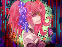  bare_shoulders black_sclera cake candy candy_addict_full_course_(vocaloid) choker colored_sclera colorful commentary_request female food food-themed_clothes fruit hair_ornament hatsune_miku heart heterochromia lollipop pink_eyes pink_hair polka_dot ringed_eyes solo stitches strawberry striped tsuneaki_(dosnan) twintails vocaloid yellow_eyes 