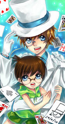  2boys adjusting_clothes adjusting_headwear arakunae bad_deviantart_id bad_id blue_eyes brown_hair card edogawa_conan floating_card glasses gloves hat kaitou_kid lolicon male_focus meitantei_conan multiple_boys photoshop_(medium) 