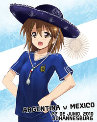  2010_fifa_world_cup adidas argentina asociacion_de_futbol_argentina brown_eyes brown_hair commentary_request female hat hirasawa_yui k-on! kaiga mexico product_placement short_hair soccer_uniform solo sombrero spanish_text sportswear world_cup 