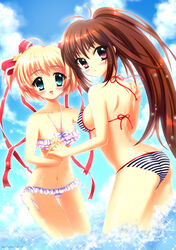  2girls bad_id bad_pixiv_id bikini blonde_hair blue_eyes blush brown_hair butt_crack highres holding_hands interlocked_fingers kamikita_komari little_busters! multiple_girls natsume_rin pecorin photoshop_(medium) red_eyes swimsuit 