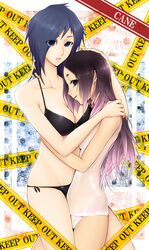  2girls bikini blue_eyes blue_hair caution_tape commentary_request highres hug keep_out kouya long_hair multiple_girls one-piece_swimsuit original purple_eyes purple_hair school_swimsuit short_hair swimsuit white_one-piece_swimsuit 