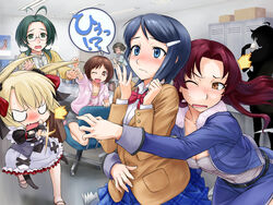  1boy 6+girls ;d ^^^ ahoge akizuki_ryo blonde_hair brown_hair chair chibi commentary_request cup glasses green_hair hidaka_ai idolmaster idolmaster_dearly_stars ishikawa_minori mizutani_eri mug multiple_girls okamoto_manami one_eye_closed open_mouth ozaki_reiko partial_commentary red_hair rona silhouette smile suzuki_ayane tears wavy_mouth 