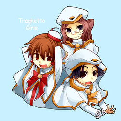  3girls aria_(manga) arms_up atora_monteverdi ayumi_k_jasmine bad_id bad_pixiv_id black_hair brown_eyes brown_hair dress earrings glasses gloves hat himeya_company_uniform jewelry multiple_girls okane open_mouth orange_planet_uniform photoshop_(medium) red_eyes short_hair simple_background single_glove smile uniform white_dress yumeno_anzu 