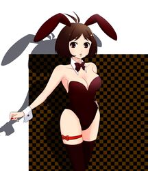  animal_ears antenna_hair bare_shoulders bob_cut bow bowtie breasts brown_eyes brown_hair cleavage commentary_request fake_animal_ears female hidaka_ai highres idolmaster idolmaster_dearly_stars large_breasts leg_ribbon lips maiko_(yoshida308) nail_polish playboy_bunny rabbit_ears red_nails ribbon short_hair solo thigh_ribbon thighhighs wrist_cuffs 