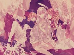  3girls animal_ears bad_id bad_pixiv_id beatrice_(umineko) blonde_hair chiester45 chiester45_(cosplay) chiester_sisters cosplay drill_hair eiserne_jungfrau gaap_(umineko) hime_cut long_hair multiple_girls nude oono_eiko rabbit_ears stakes_of_purgatory thighhighs umineko_no_naku_koro_ni virgilia_(umineko) white_hair white_legwear 