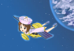  commentary_request cosplay earth_(planet) female hagiwara_yukiho hayabusa_(spacecraft) hayabusa_(spacecraft)_(costume) idolmaster idolmaster_(classic) oofuji_wataru open_mouth original planet satellite smile solo space spacecraft 