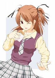  bad_id bad_pixiv_id bagel brown_eyes brown_hair female food food_on_face mizugame necktie one_eye_closed plaid plaid_skirt short_hair sister_princess skirt solo twintails yotsuba_(sister_princess) 