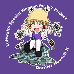  aircraft blonde_hair blush_stickers chibi commentary_request cross explosive female flying_saucer goliath_tracked_mine hat iron_cross military mine_(weapon) moriya_suwako nazi panjandrum pyonta sakurato_tsuguhi short_hair smile solo spacecraft touhou ufo world_war_ii 