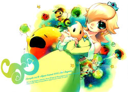  1boy aqua_eyes bare_shoulders bee_mario bee_suit blonde_hair captain_toad crown dress earrings female green_toad_(mario) hungry_luma_(super_mario_galaxy) jewelry long_hair looking_at_viewer luma_(mario) mario mario_(series) photoshop_(medium) rosalina sagano_aoi star_bit super_mario_galaxy toad_(mario) yellow_toad_(mario) 