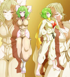  2girls armpits arms_up bandages barefoot breasts choker cleavage commentary_request cosplay curvy dougi dual_persona green_hair hakama hakama_skirt hip_focus hip_vent ibuki_(street_fighter) ibuki_(street_fighter)_(cosplay) japanese_clothes kazami_yuuka large_breasts makoto_(street_fighter) makoto_(street_fighter)_(cosplay) multiple_girls ninja no_panties profile red_eyes ribbon_choker sagattoru short_hair skirt smile street_fighter street_fighter_iii_(series) sweat toeless_legwear touhou zoom_layer 