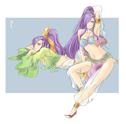  anklet armlet barefoot bikini bikini_top_only bow commentary_request dancer dancer_(final_fantasy) dual_persona faris_scherwiz female final_fantasy final_fantasy_5 frown green_eyes hair_ornament hairbow jewelry loincloth long_hair midriff mystic_knight ponytail purple_hair see-through swimsuit toutoumi veil vest 