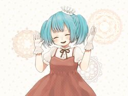  aged_down alternate_costume alternate_hair_length alternate_hairstyle asahi_(pamuko) bad_id bad_pixiv_id blue_hair crown dress female gloves hatsune_miku mayonaka_no_rigel_(vocaloid) short_hair smile solo vocaloid white_gloves 