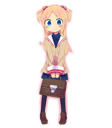  ana_coppola bag blonde_hair blue_eyes blush briefcase clannad commentary_request cosplay female hair_bobbles hair_ornament hikarizaka_private_high_school_uniform ichigo_mashimaro ichinose_kotomi ichinose_kotomi_(cosplay) kanikama loafers noto_mamiko school_bag school_briefcase school_uniform shoes solo thighhighs two_side_up voice_actor_connection 