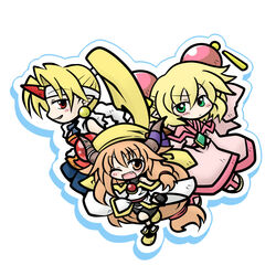  3girls alternate_hairstyle bloodberry bloodberry_(cosplay) cherry_(saber_j) cherry_(saber_j)_(cosplay) chibi commentary_request cosplay hair_bobbles hair_ornament headband horn_ornament horn_ribbon horns hoshiguma_yuugi ibuki_suika lime_(saber_j) lime_(saber_j)_(cosplay) mizuhashi_parsee multiple_girls oerba_yun_fang pointy_ears ponytail ribbon saber_marionette_j single_horn touhou yanagi_(nurikoboshi) 