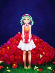  bird campanella_(vocaloid) chick commentary_request female goggles goggles_on_head green_eyes green_hair gumi heart short_hair skirt solo standing tears vocaloid youne 