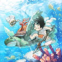  2boys aged_down air_bubble bald barefoot black_hair bubble closed_eyes commentary_request diving_mask dragon_ball dragon_ball_(classic) fish freediving goggles kuririn makumaku multiple_boys polearm sea_turtle shorts smile son_goku spear turtle umigame_(dragon_ball) underwater weapon 