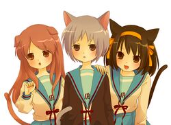  3girls animal_ears asahina_mikuru bad_id bad_pixiv_id blue_sailor_collar brown_eyes brown_hair cat_ears dog_ears hair_ribbon hairband kemonomimi_mode kita_high_school_uniform long_hair moffunnyo multiple_girls nagato_yuki orange_hairband purple_hair ribbon sailor_collar school_uniform serafuku short_hair suzumiya_haruhi suzumiya_haruhi_no_yuuutsu winter_uniform 