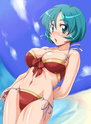  bad_id bad_pixiv_id beach bikini blush day eris_radius female green_eyes green_hair highres naoyuki short_hair solo super_robot_wars super_robot_wars_the_lord_of_elemental swimsuit 