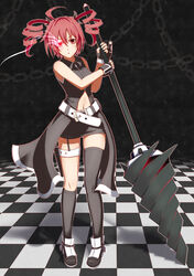  ahoge asuto3 asymmetrical_clothes belt black_rock_shooter black_rock_shooter_(character) black_rock_shooter_(character)_(cosplay) chains checkered_floor commentary_request cosplay detached_sleeves drill drill_hair female flaming_eye gloves highres kasane_teto lance navel pencil_skirt perspective polearm red_eyes red_hair skirt solo thighhighs twin_drills twintails utau weapon 