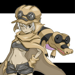  adzuki_anko black_eyes blue_eyes bob_cut breasts commentary_request creature_and_personification female gloves goggles goggles_on_head hat midriff navel one_eye_closed open_fly personification pokemon pokemon_(creature) sandile short_hair small_breasts tan tank_top unbuttoned underboob unzipped white_hair 