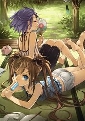  2girls absurdres ass barefoot blue_eyes book brown_hair closed_eyes eraser feet food hair_bobbles hair_ornament hairclip hand_fan highres hot ice_cream kayari_buta legs legs_up long_hair lying megami_magazine megami_magazine_creators multiple_girls on_stomach original paper_fan pencil popsicle purple_hair ryou_(kimagure) scan short_hair shorts sitting sweat tatami twintails uchiwa veranda wind_chime 