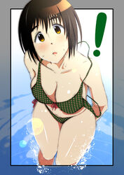  ! 3e ayase_fuuka bikini brown_eyes brown_hair commentary_request female photoshop_(medium) polka_dot polka_dot_bikini short_hair solo strap_slip swimsuit thick_eyebrows wardrobe_malfunction yotsubato! 