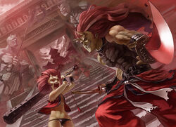  6+boys bad_id bad_pixiv_id belt club_(weapon) dutch_angle fangs female foreshortening highres horns kanabou long_hair lowleg lowleg_panties multiple_boys muscular navel oni original panties red_eyes red_hair short_hair spiked_club stairs statue sword takeda_kanryuusai underwear weapon 