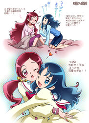  2girls bad_id bad_pixiv_id blue_eyes blue_hair hanasaki_tsubomi heartcatch_precure! hug iyou kurumi_erika long_hair mizuno_poppo multiple_girls myoudou_gakuen_middle_school_uniform precure red_eyes red_hair school_uniform translated twintails 