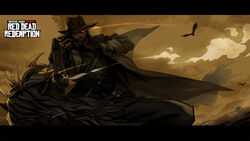  1boy animification beard belt bird coat commentary_request cowboy cowboy_hat cowboy_western desert facial_hair gloves glowing glowing_eyes gun handgun hat horse horseback_riding john_marston letterboxed male_focus mhk_(mechamania) photoshop_(medium) red_dead_redemption revolver riding smoke solo weapon 