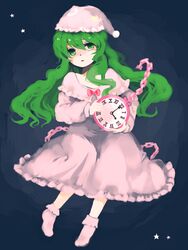  blue_background bobby_socks chains clock commentary_request female frown green_eyes green_hair hat hko kazami_yuuka kazami_yuuka_(pc-98) long_hair lotus_land_story nightcap nightgown pigeon-toed socks solo star_(symbol) tears touhou touhou_(pc-98) 