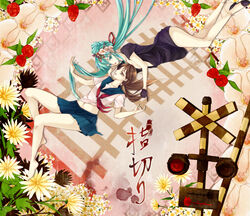  2girls aqua_eyes aqua_hair bad_id bad_pixiv_id barefoot boom_barrier brown_eyes brown_hair chrysanthemum flower gloves hair_flower hair_ornament hatsune_miku legs long_hair lying multiple_girls navel orchid photoshop_(medium) railroad_crossing railroad_tracks reika_(iamreika) school_uniform skirt twintails very_long_hair vocaloid white_flower yellow_flower yuri 