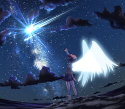  angel_wings atmospheric_reentry bandages brown_hair commentary_request female from_behind fumotono_mikoto glowing hayabusa_(spacecraft) looking_up night night_sky original outstretched_arm outstretched_hand personification pleated_skirt reaching shooting_star short_hair skirt sky solo standing sweater_vest wings 