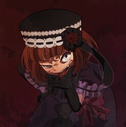  bad_id bad_pixiv_id blue_eyes bow crazy crazy_eyes crazy_smile dress elbow_gloves eva_beatrice female flower frills gloves gyoniku21 hat orange_hair ribbon rose smile solo tongue umineko_no_naku_koro_ni uneven_eyes 