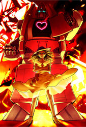  1980s_(style) 1boy astoria_carlton-ritz autobot bad_id bad_pixiv_id battle couple crossed_arms decepticon dress female fire flower frenzy_(transformers) gunbuster_pose megatron nami_(tobuyo) powerglide_(transformers) retro_artstyle rose rumble_(transformers) science_fiction soundwave_(transformers) straight sweat transformers transformers:_generation_1 