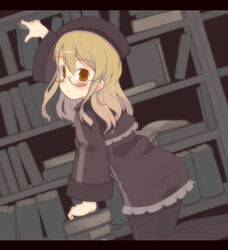  black_pantyhose blonde_hair blush book bookshelf brown_eyes commentary_request female glasses hat kneeling letterboxed long_hair looking_back outstretched_arm oza_watto painttool_sai_(medium) pantyhose reaching sekaiju_no_meikyuu sekaiju_no_meikyuu_3 solo zodiac_(sekaiju) zodiac_4_(sekaiju) 