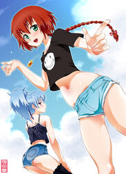  2girls ass babydoll_t-shirt bare_shoulders bent_over black_thighhighs blush braid casual commentary_request crop_top cropped_shirt darker_than_black denim denim_shorts green_eyes grey_hair hair_ribbon jewelry long_hair looking_back maira_gen midriff multiple_girls navel pointing ponytail purple_eyes red_hair ribbon short_shorts shorts single_braid smile suou_pavlichenko tank_top thighhighs yin_(darker_than_black) 