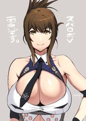  amamiya_(abaros) bare_shoulders black_necktie breasts brown_hair cleavage commentary_request female kisaragi_chitose large_breasts midriff necktie solo_focus super_robot_wars super_robot_wars_v 