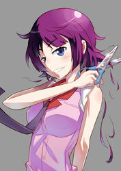  bakemonogatari blue_eyes commentary_request cutting_hair female grey_background highres looking_at_viewer luo. monogatari_(series) naoetsu_high_school_uniform necktie purple_hair school_uniform scissors senjougahara_hitagi severed_hair short_hair simple_background solo 