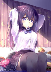  54hao arms_up black_hair black_skirt black_thighhighs blue_bow blue_bowtie bow bowtie breasts commentary crescent_print curtains dress_shirt female hair_between_eyes hair_tie hair_tie_in_mouth highres indoors long_sleeves looking_away medium_breasts mouth_hold original photoshop_(medium) pleated_skirt purple_eyes school_uniform serafuku shirt shirt_tucked_in sitting skirt solo star_(symbol) star_print stuffed_animal stuffed_dolphin stuffed_giraffe stuffed_toy tented_shirt thighhighs tying_hair white_shirt 