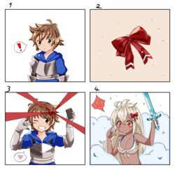  ! !? 1boy absurdres armor bad_id bad_pixiv_id blonde_hair blue_shirt blush bow breastplate breasts brown_eyes brown_hair cellphone commentary_request confused dark-skinned_female dark_skin eyebrows female gauntlets genderswap_(mtf) gran_(granblue_fantasy) granblue_fantasy hairbow heart highres holding holding_sword holding_weapon kanzaki_rey long_hair medium_breasts phone pose red_eyes rule_63 selfie shirt short_hair smoke spoken_exclamation_mark spoken_heart sweat sweatdrop swimsuit sword transformation weapon zooey_(granblue_fantasy) 