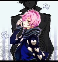  2boys bad_id bad_pixiv_id fingerless_gloves gloves hair_over_one_eye height_difference jacket kuma_(yu-u-u) male_focus mikado_nagi multiple_boys pink_hair scarf uta_no_prince-sama uta_no_prince-sama_maji_love_2000_percent yellow_eyes 