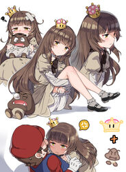  1boy anger_vein bad_id bad_pixiv_id black_footwear bloomers blunt_bangs blush bobby_socks bow brooch brown_dress brown_eyes brown_hair cnm commentary crossed_bandaids crown dress drooling english_commentary facial_hair fangs female full_body gloves goomba grey_socks hat highres hugging_own_legs jewelry long_hair looking_at_viewer mario mario_(series) mary_janes moustache new_super_mario_bros._u_deluxe nose_bubble princess_goomba saliva shoes simple_background sitting socks spoken_anger_vein squiggle super_crown tears underwear white_background white_bloomers white_gloves 