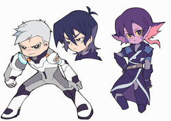  1boy 2girls black_hair bodysuit brown_eyes colored_sclera commentary_request facial_mark grey_eyes keith_(voltron) krolia mechanical_arms miyata_(lhr) multicolored_hair multiple_girls pink_hair pointy_ears purple_eyes purple_hair single_mechanical_arm spoilers takashi_shirogane two-tone_hair upper_body voltron:_legendary_defender voltron_(series) white_hair yellow_sclera 