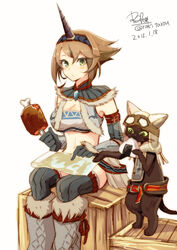  boned_meat brown_hair commentary_request crossover dated eating elbow_gloves felyne female food gloves hairband horns kantai_collection kirin_(armor) mafumofu_(armor) map meat midriff monster_hunter_(series) mutsu_(kancolle) onigiri short_hair signature single_horn thighhighs twitter_username yukiyanagi_raki 