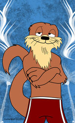  2012 abstract_background animalympics anthro black_eyes black_nose brown_body brown_fur claws clothed clothing crossed_arms dean_wilson flat_colors front_view fur hi_res jinthewolf looking_at_viewer male mammal mustelid otter raised_arm smile solo toony topless whiskers 