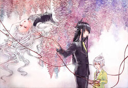  2boys bad_id bad_pixiv_id black_hair couple family father_and_son female flower formal husband_and_wife iron_maiden_jeanne long_hair lying mother_and_son multiple_boys photoshop_(medium) red_eyes shaman_king short_hair silver_hair spoilers straight string string_of_fate suit tao_men tao_ren white_hair wisteria yuzu_sui 